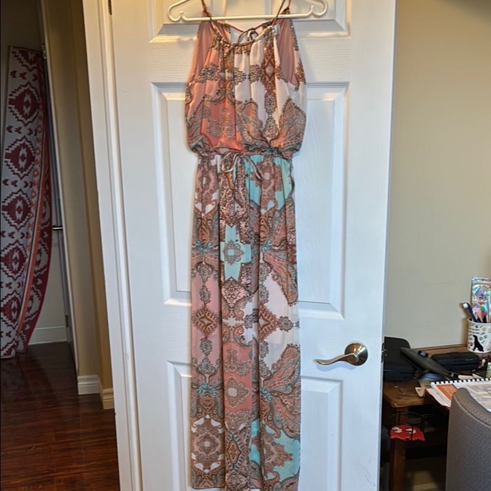 Sweet Storm Orange Green Halter Maxi Sundress